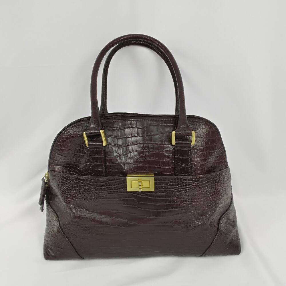 Vintage Talbots Brown Croc Embossed Leather Doctors Bag or Bowling Handbag